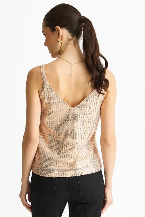 Gini London Champagne Sequin V Neck Cami Top - S/M Image 2