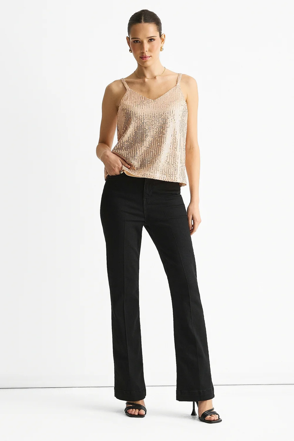 Gini London Champagne Sequin V Neck Cami Top - S/M Image 1