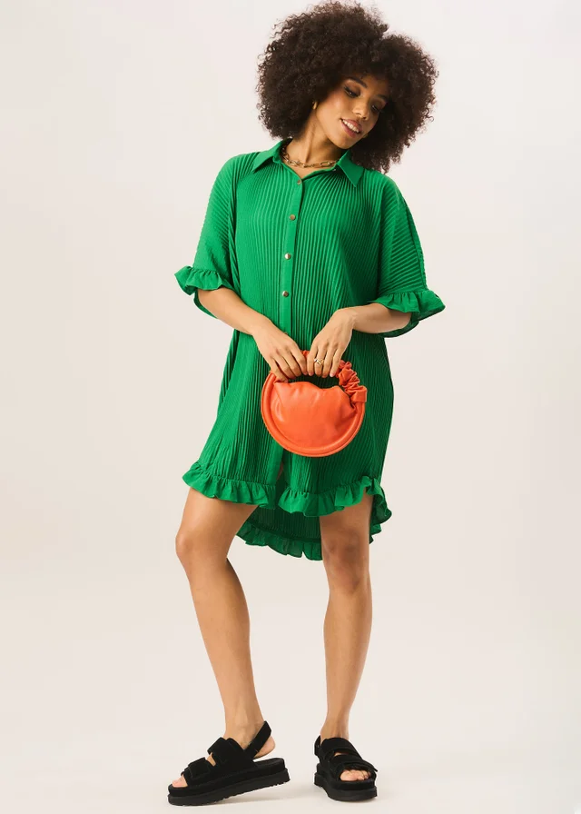 Gini London Green Plisse Frill Detail Oversized Shirt Dress