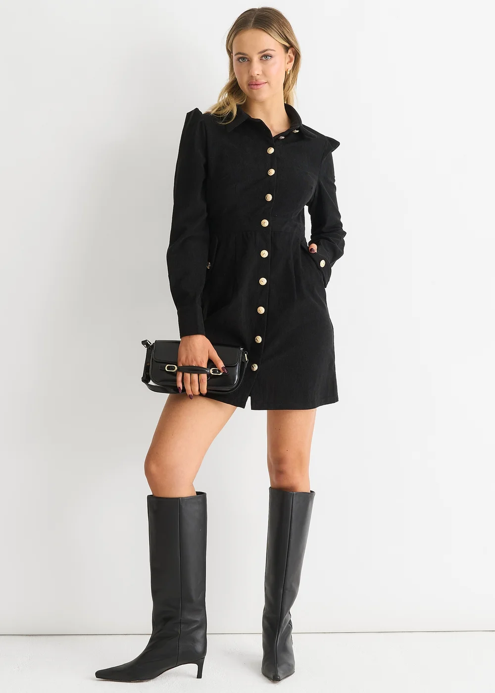 Gini London Black Corduroy Mini Shirt Dress - 12 Image 1