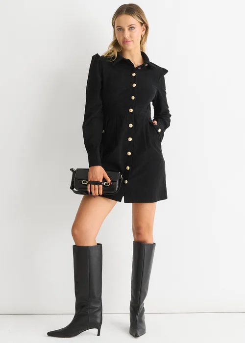 Gini London Black Corduroy Mini Shirt Dress - 12 Image 1