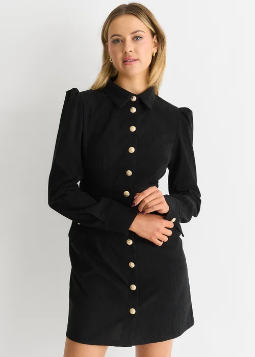 Gini London Black Corduroy Mini Shirt Dress - 12 Image 3
