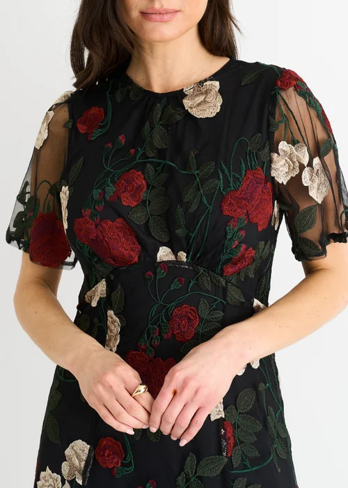 Gini London Black Angel Sleeves Embroidered Occasion Midi Dress - 12 Image 3