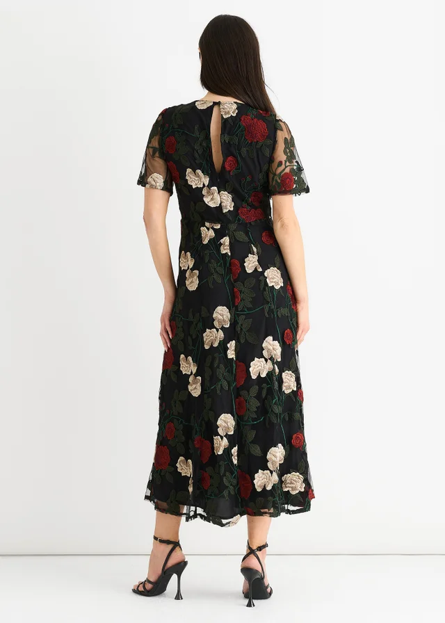 Gini London Black Angel Sleeves Embroidered Occasion Midi Dress