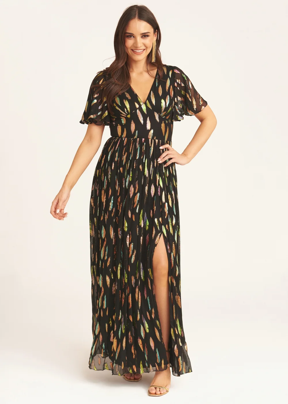 Gini London Black Multi Jacquard Angel Sleeves Maxi Dress - 10 Image 1