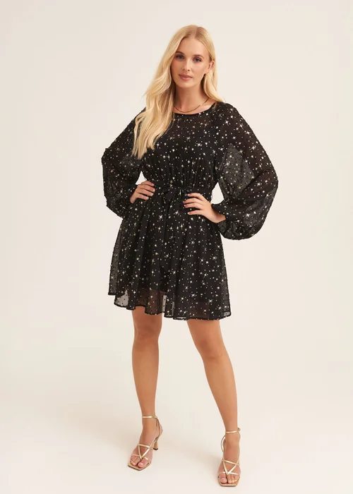 Gini London Black Star Print Long Sleeve Mini Dress - S/M Image 1