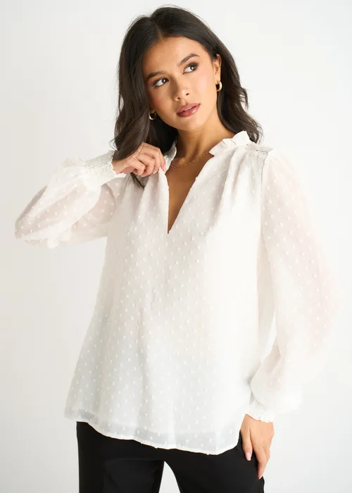 Gini London White Dobby Chiffon Frill Neck Blouse - 8 Image 1