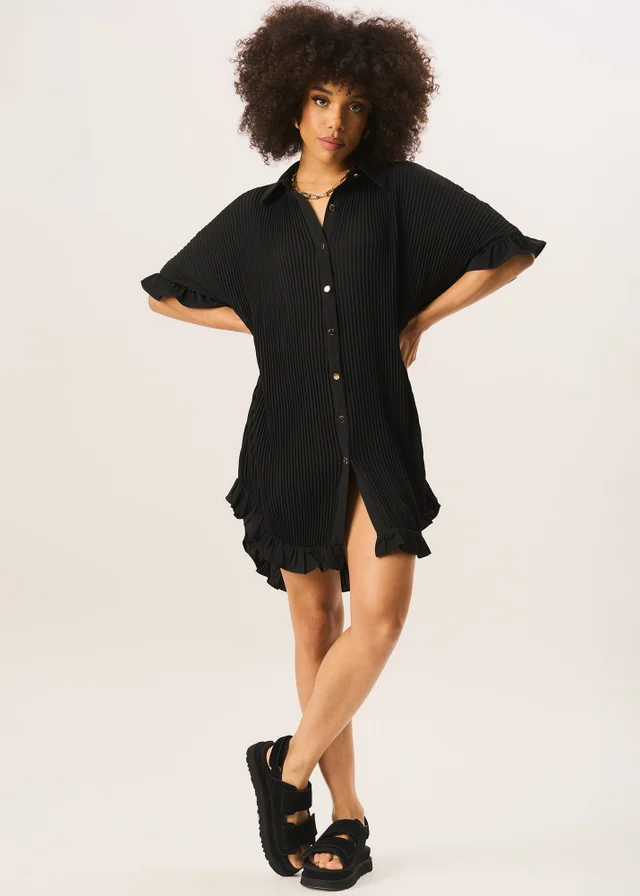 Gini London Black Plisse Frill Detail Oversized Shirt Dress