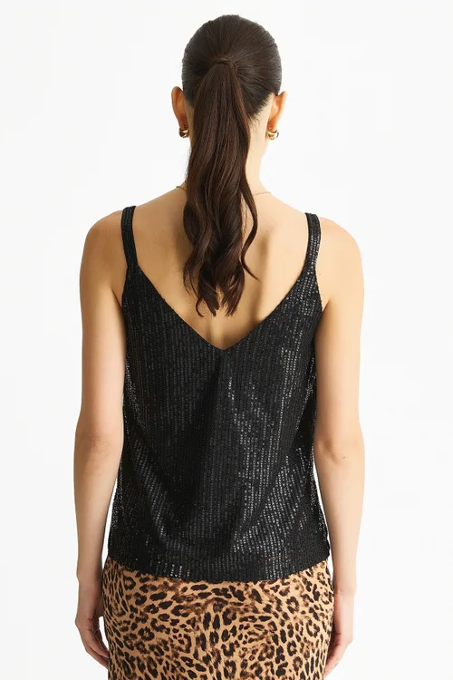 Gini London Black Sequin V Neck Cami Top - M/L Image 2