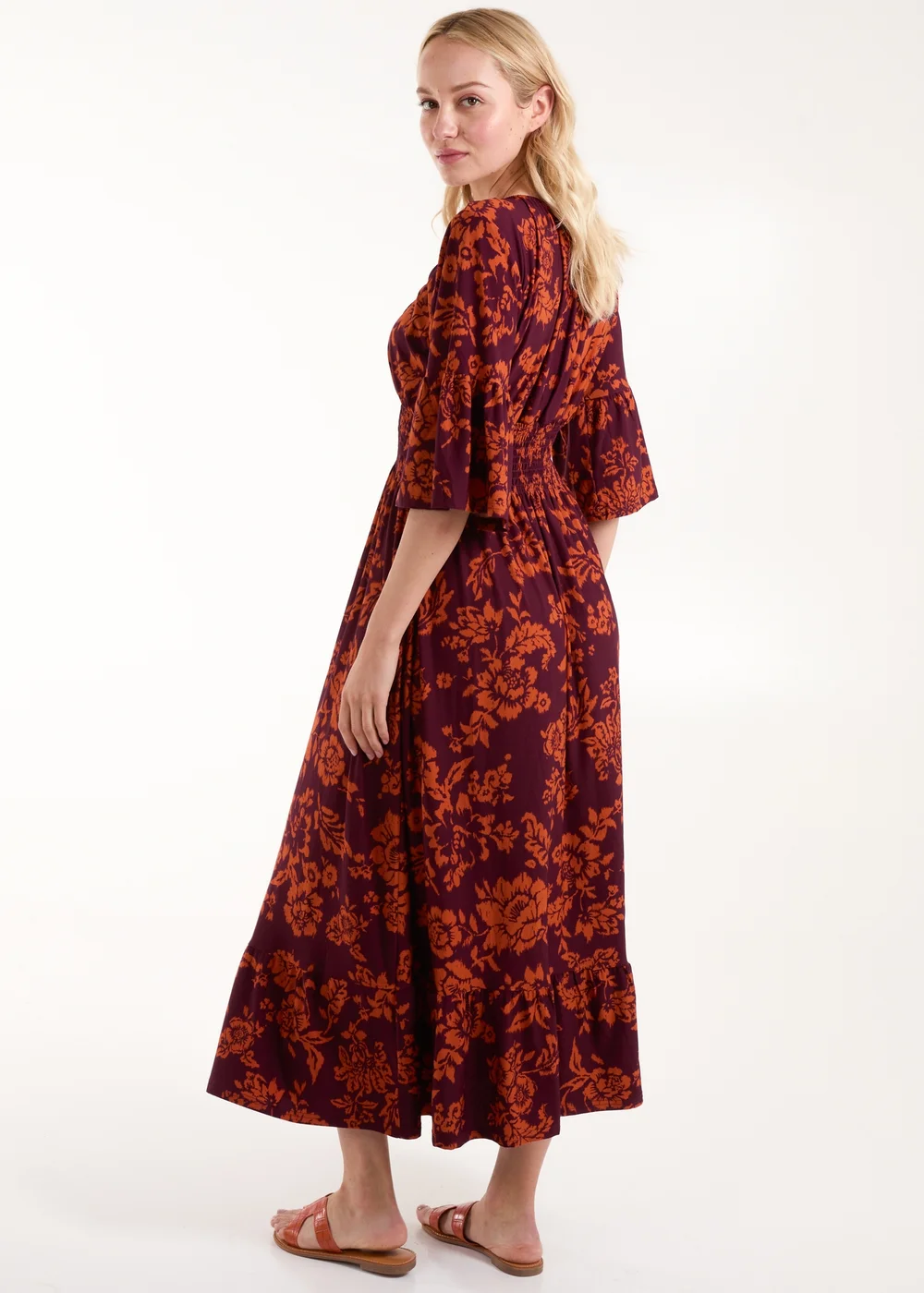 Blue Vanilla Burgundy Elasticated Neck Shirred Waist Midi Dress - S Image 2