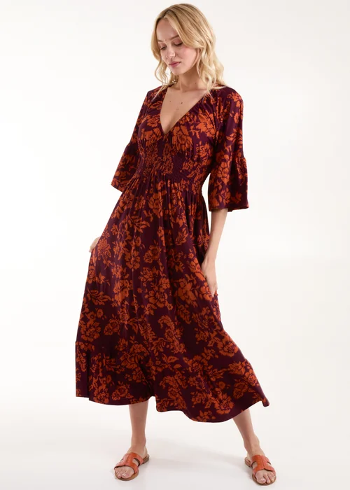 Blue Vanilla Burgundy Elasticated Neck Shirred Waist Midi Dress - S Image 1