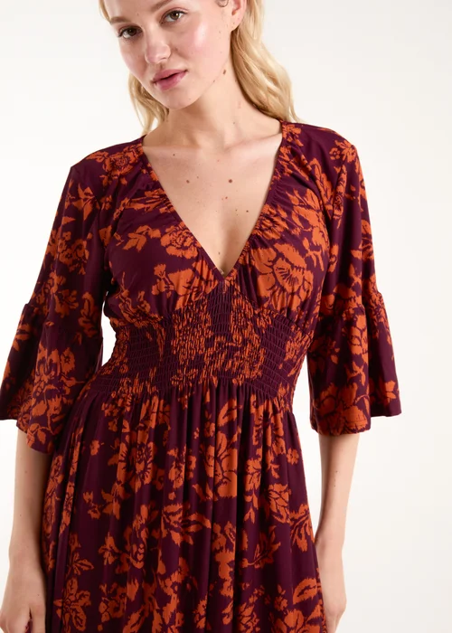 Blue Vanilla Burgundy Elasticated Neck Shirred Waist Midi Dress - S Image 3
