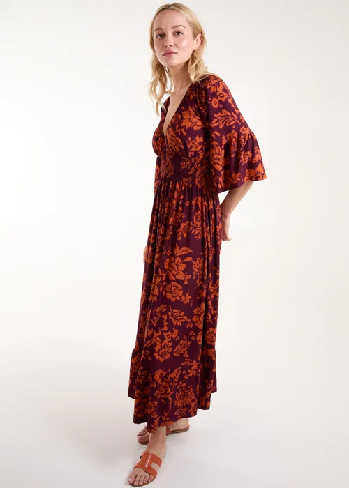 Blue Vanilla Burgundy Elasticated Neck Shirred Waist Midi Dress - S Image 5
