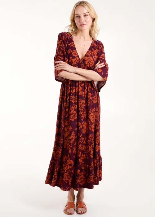 Blue Vanilla Burgundy Elasticated Neck Shirred Waist Midi Dress - S Image 4