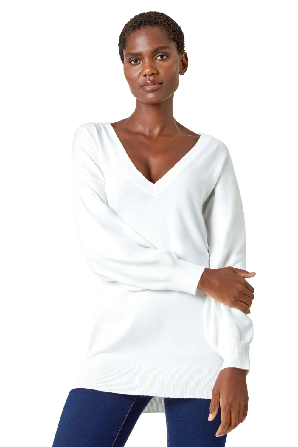 Roman Ivory V-Neck Stretch Jumper - Size 12 Image 1