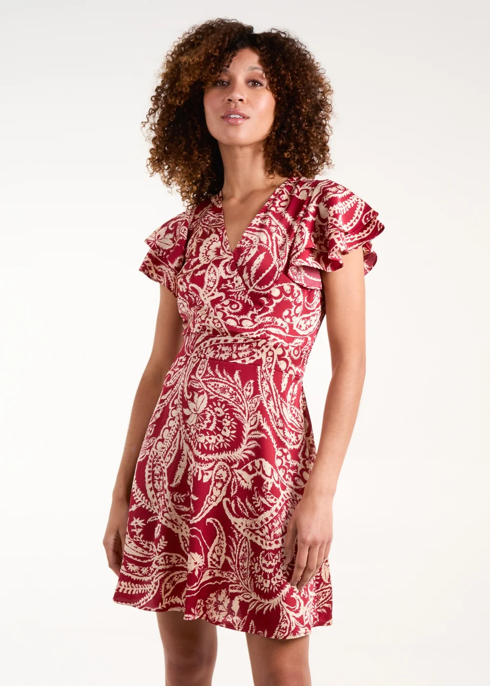 Blue Vanilla Burgundy Paisley Wrap Front Ruffle Sleeve Mini Dress - 12 Image 1