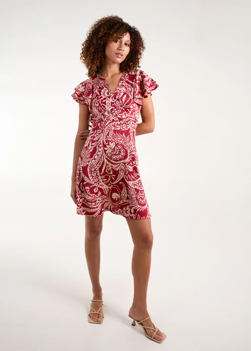 Blue Vanilla Burgundy Paisley Wrap Front Ruffle Sleeve Mini Dress - 12 Image 4