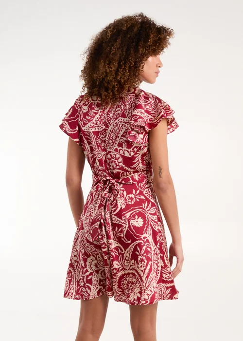 Blue Vanilla Burgundy Paisley Wrap Front Ruffle Sleeve Mini Dress - 12 Image 2