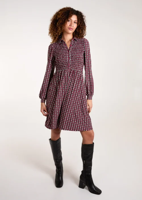 Blue Vanilla Red Shirred Bust Long Sleeve Mini Shirt Dress - M Image 4