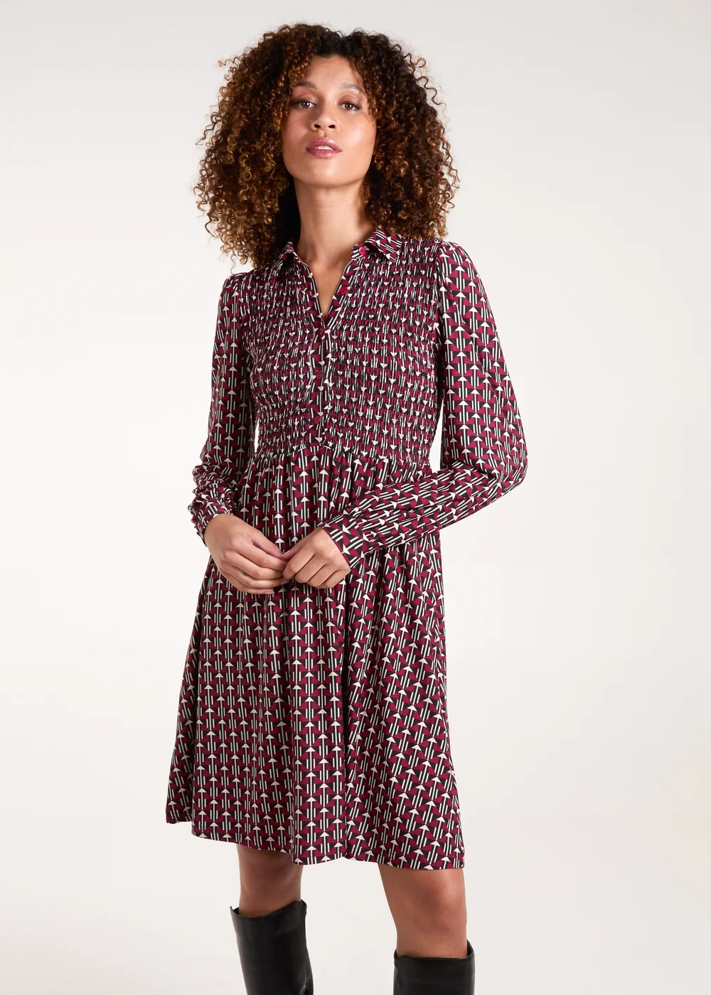 Blue Vanilla Red Shirred Bust Long Sleeve Mini Shirt Dress - M Image 1