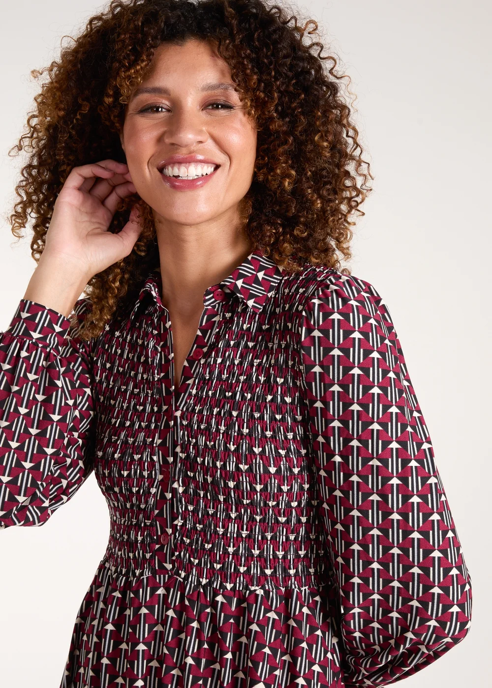 Blue Vanilla Red Shirred Bust Long Sleeve Mini Shirt Dress - M Image 3