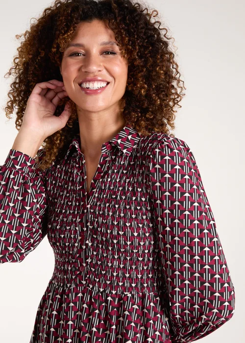 Blue Vanilla Red Shirred Bust Long Sleeve Mini Shirt Dress - M Image 3