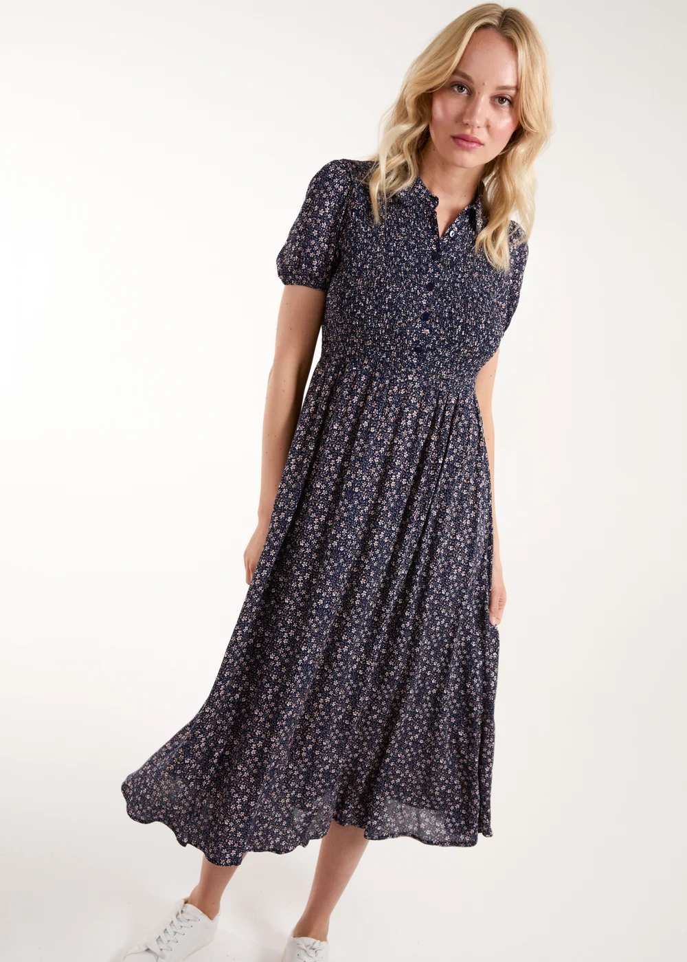 Blue Vanilla Navy Puff Sleeve Shirred Midi Shirt Dress - S Image 1