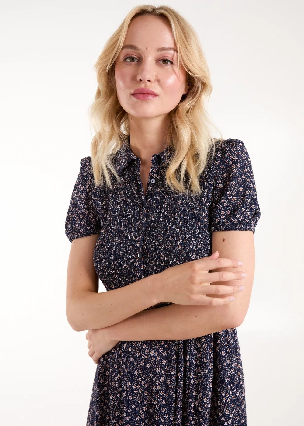 Blue Vanilla Navy Puff Sleeve Shirred Midi Shirt Dress - L Image 3