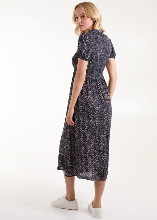 Blue Vanilla Navy Puff Sleeve Shirred Midi Shirt Dress - S Image 2