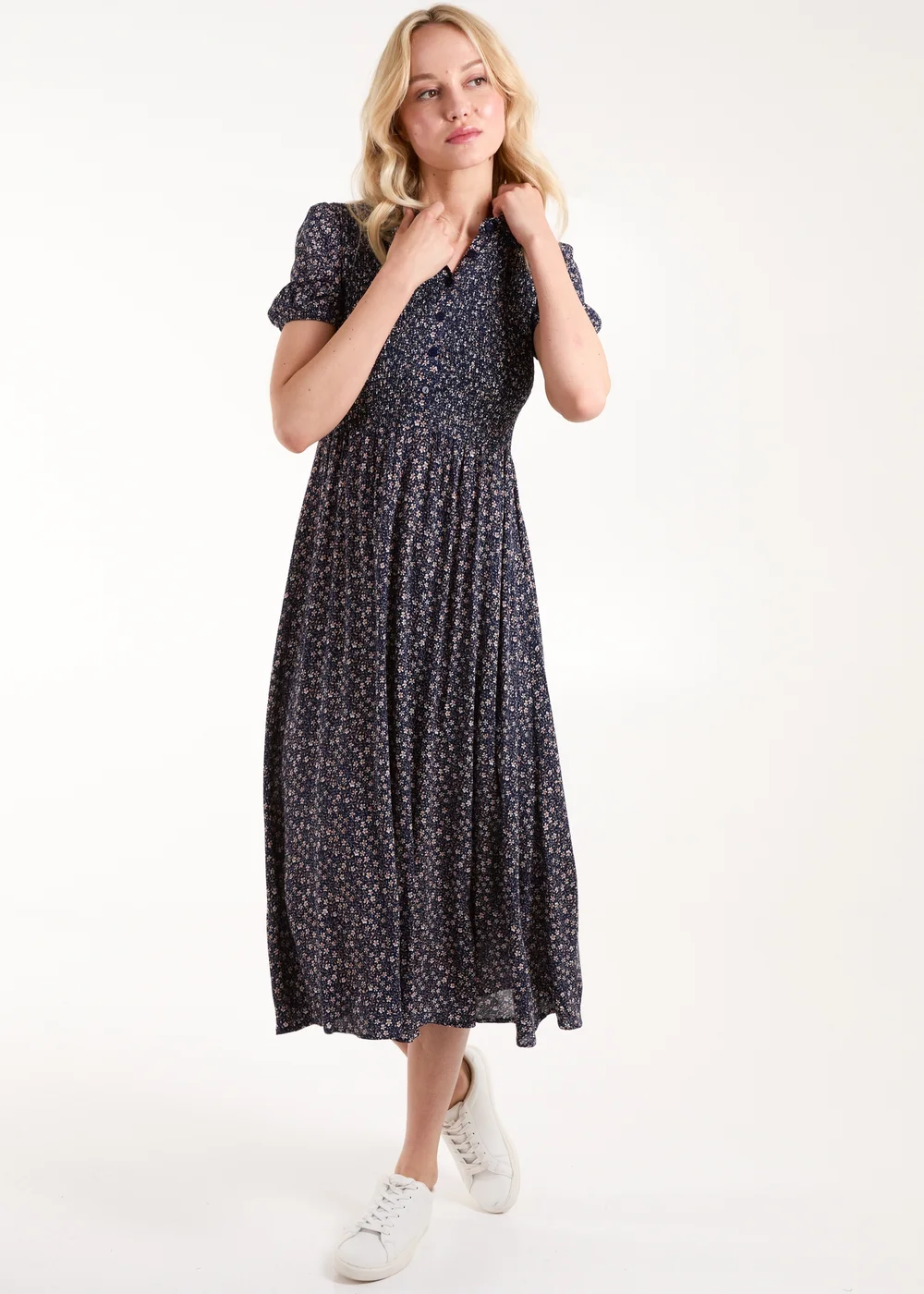 Blue Vanilla Navy Puff Sleeve Shirred Midi Shirt Dress - L Image 4