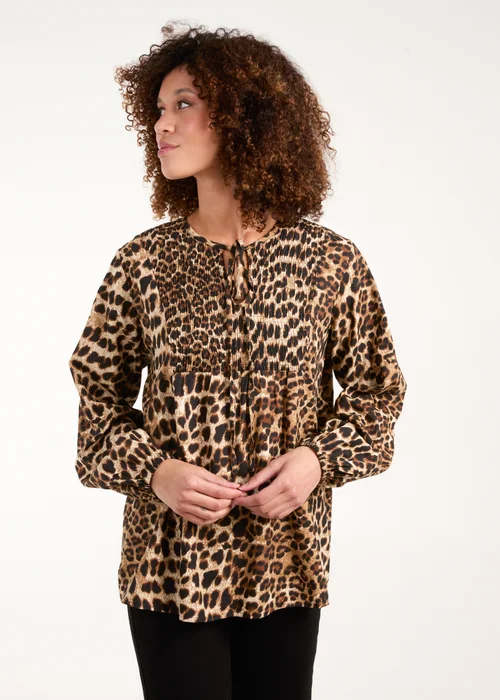 Blue Vanilla Brown Shirred Front Tie Neck Blouse - Medium Image 1