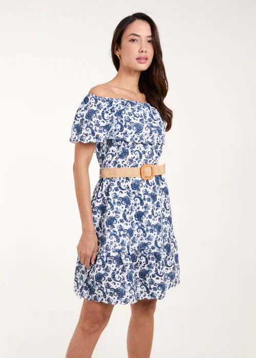 Blue Vanilla Navy Bardot Broderie Mini Belted Dress - M Image 4