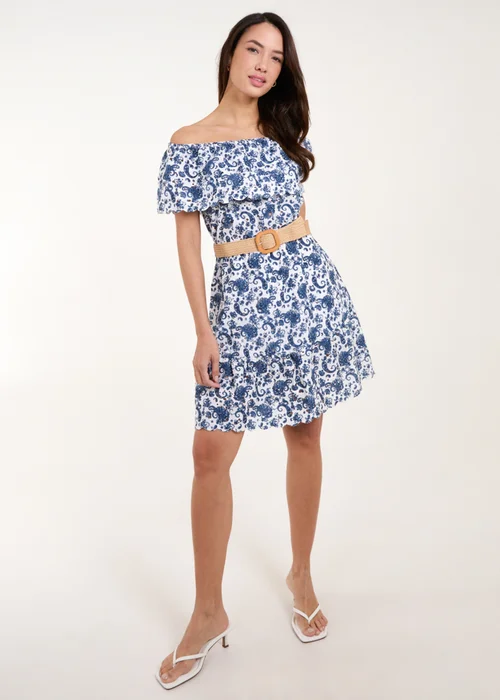 Blue Vanilla Navy Bardot Broderie Mini Belted Dress - M Image 1