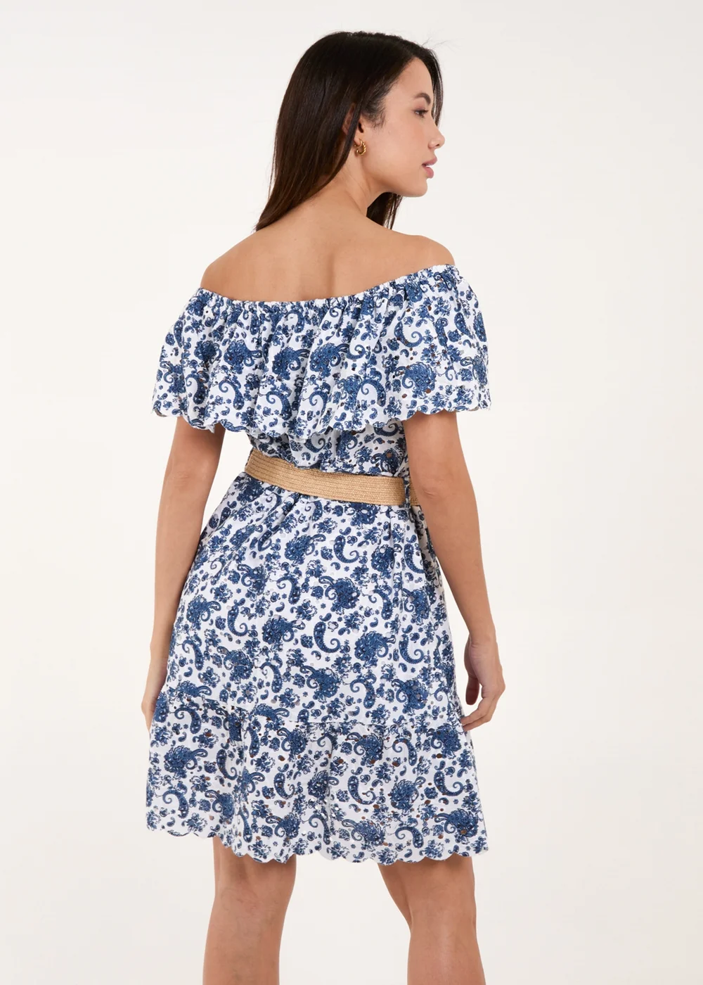 Blue Vanilla Navy Bardot Broderie Mini Belted Dress - M Image 2