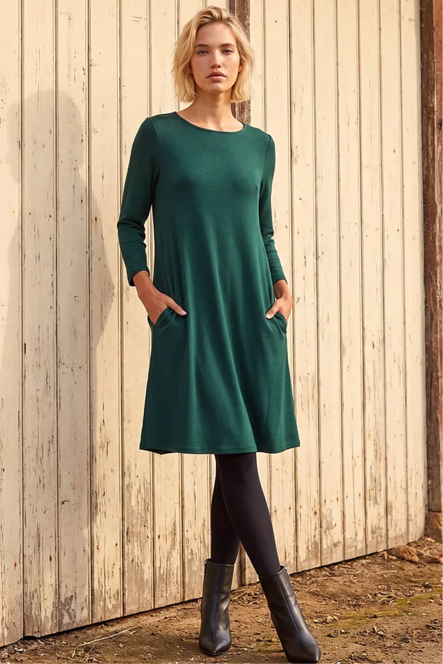 Roman Forest Green A-Line Pocket Detail Swing Dress