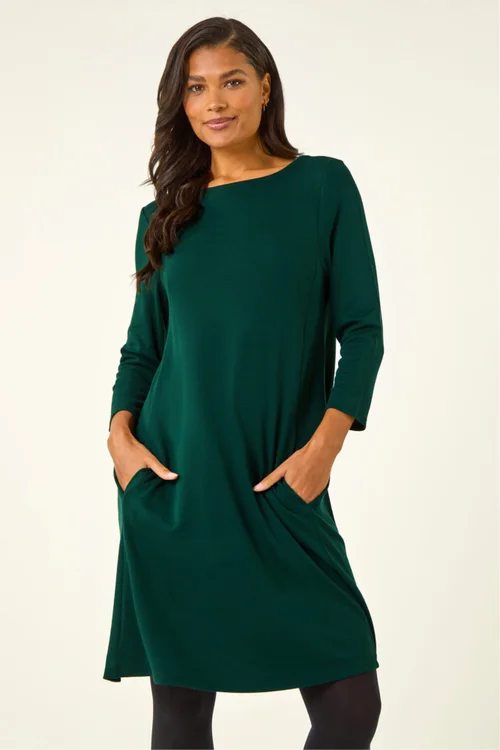 Roman Forest Green A-Line Pocket Detail Stretch Swing Dress - 10 Image 1