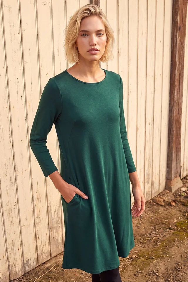 Roman Forest Green A-Line Pocket Detail Swing Dress