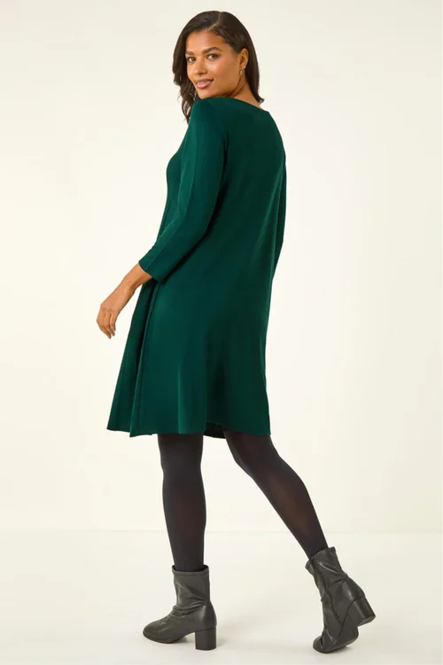 Roman Forest Green A-Line Pocket Detail Stretch Swing Dress - 10 Image 3