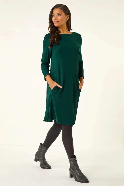 Roman Forest Green A-Line Pocket Detail Stretch Swing Dress - 10 Image 2