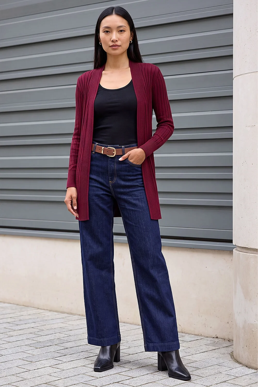 Roman Wine Longline Stretch Ribbed Cardigan - 12 Image 2