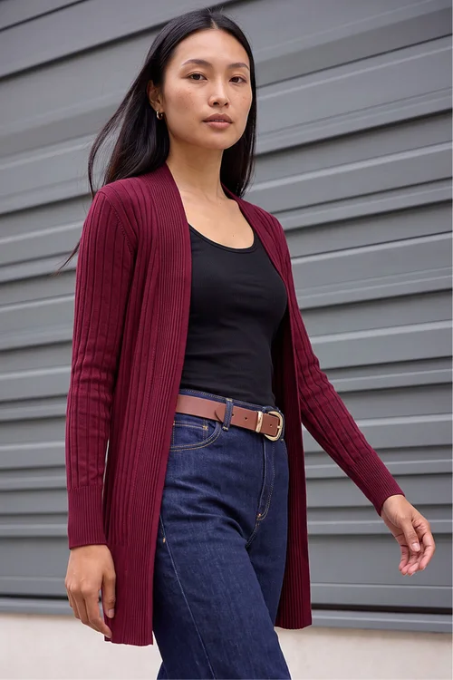Roman Wine Longline Stretch Ribbed Cardigan - 12 Image 1