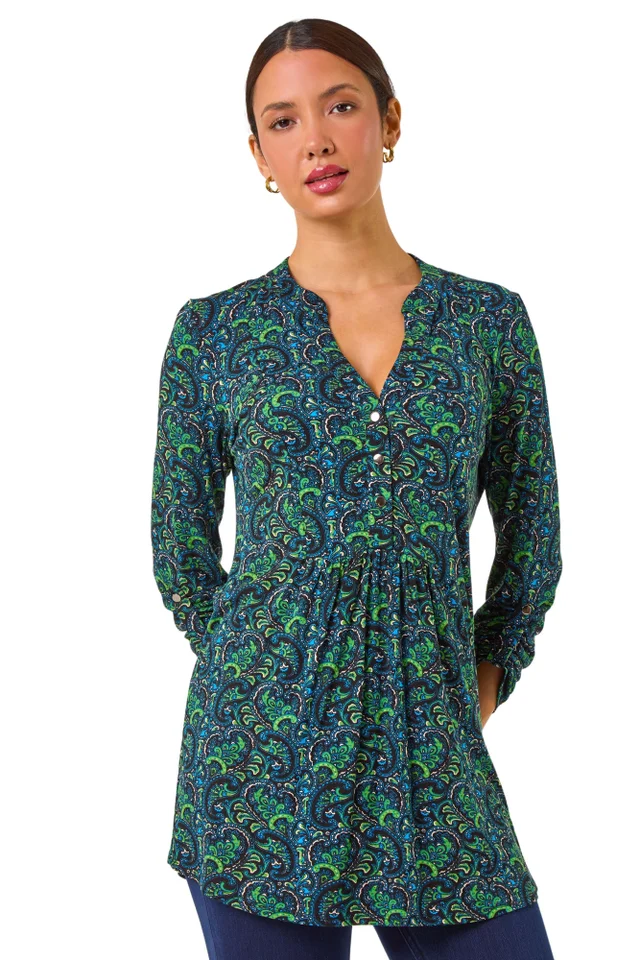 Roman Green Paisley Print V-Neck Tunic Stretch Top