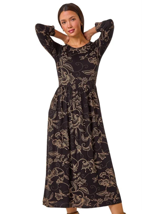 Roman Tan Paisley Pocket Stretch Midi Dress - 12 Image 1