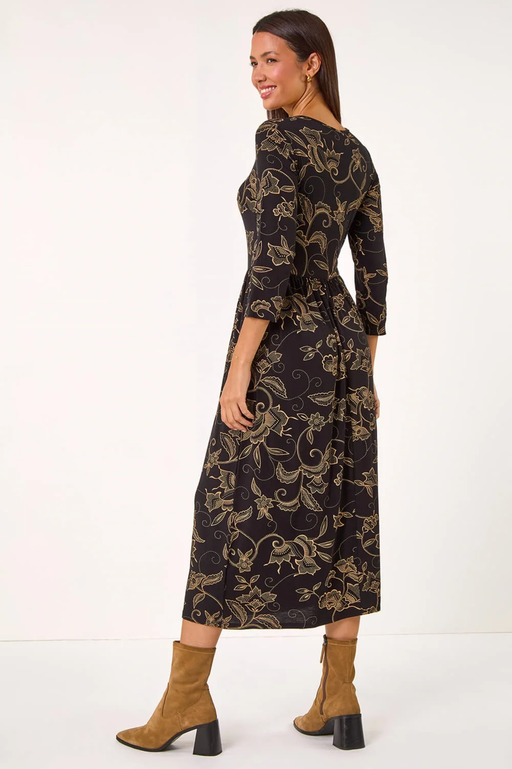 Roman Tan Paisley Pocket Stretch Midi Dress - 12 Image 2
