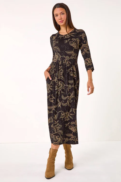 Roman Tan Paisley Pocket Stretch Midi Dress - 12 Image 3
