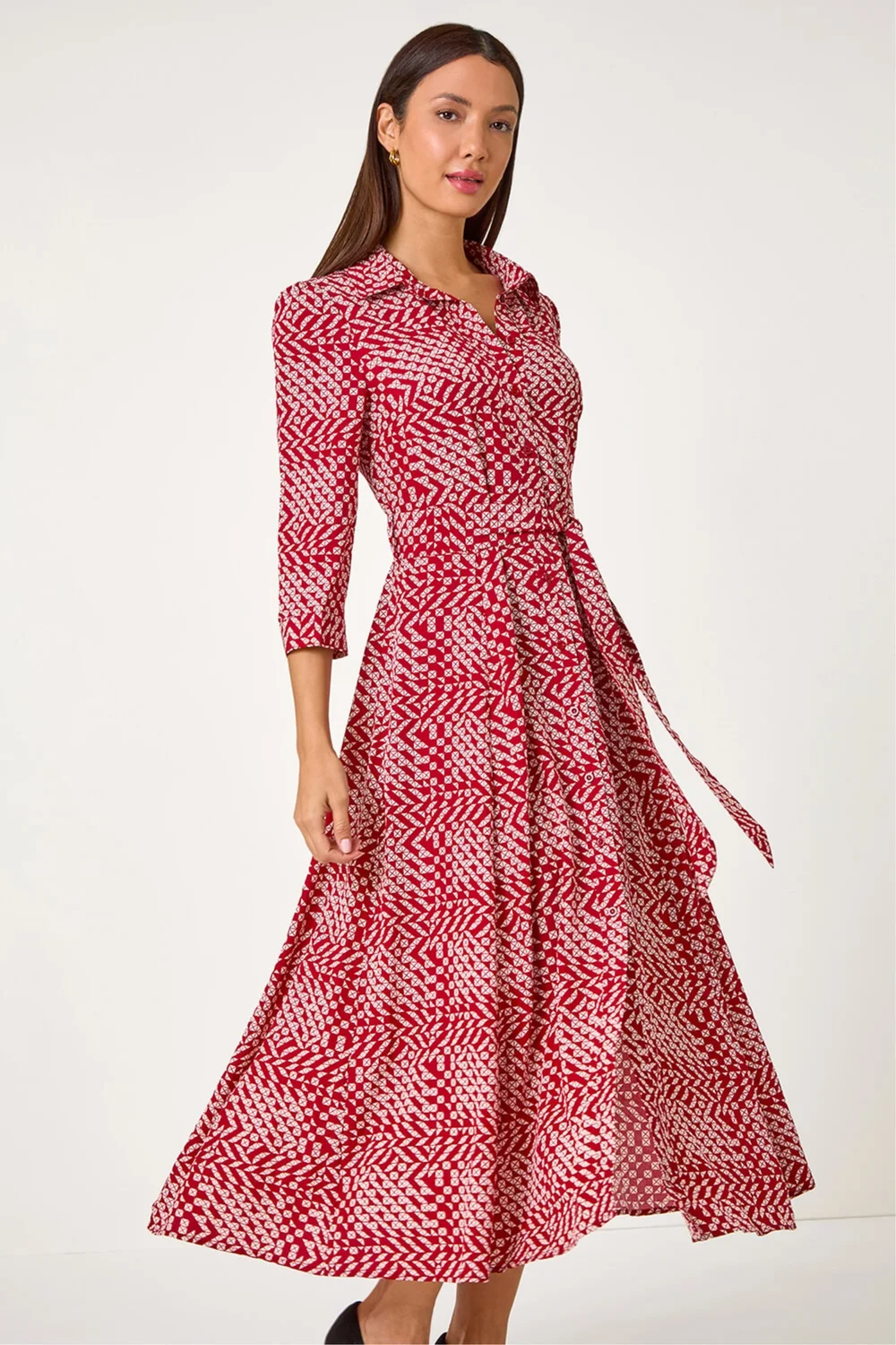 Roman Red Geometric Print Tie Waist Midi Shirt Dress - 16 Image 3