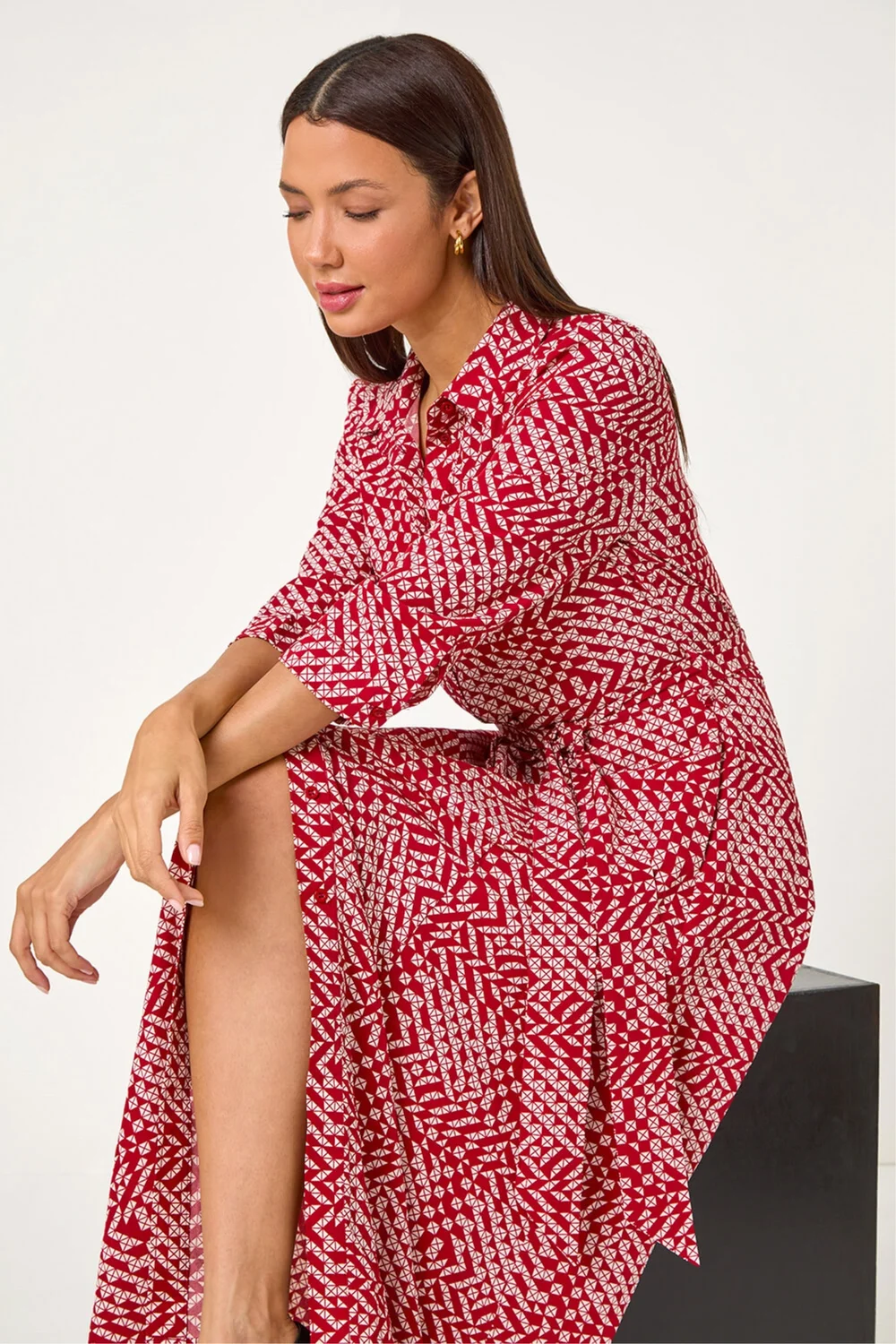 Roman Red Geometric Print Tie Waist Midi Shirt Dress - 16 Image 2
