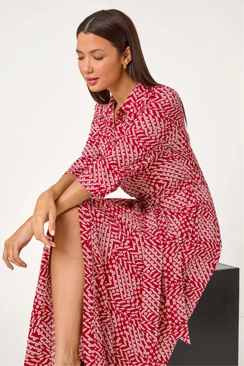 Roman Red Geometric Print Tie Waist Midi Shirt Dress - 16 Image 2