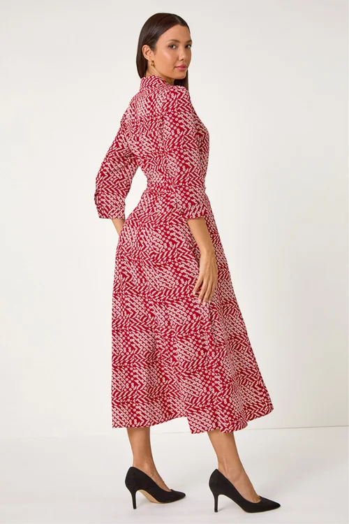 Roman Red Geometric Print Tie Waist Midi Shirt Dress - 16 Image 4