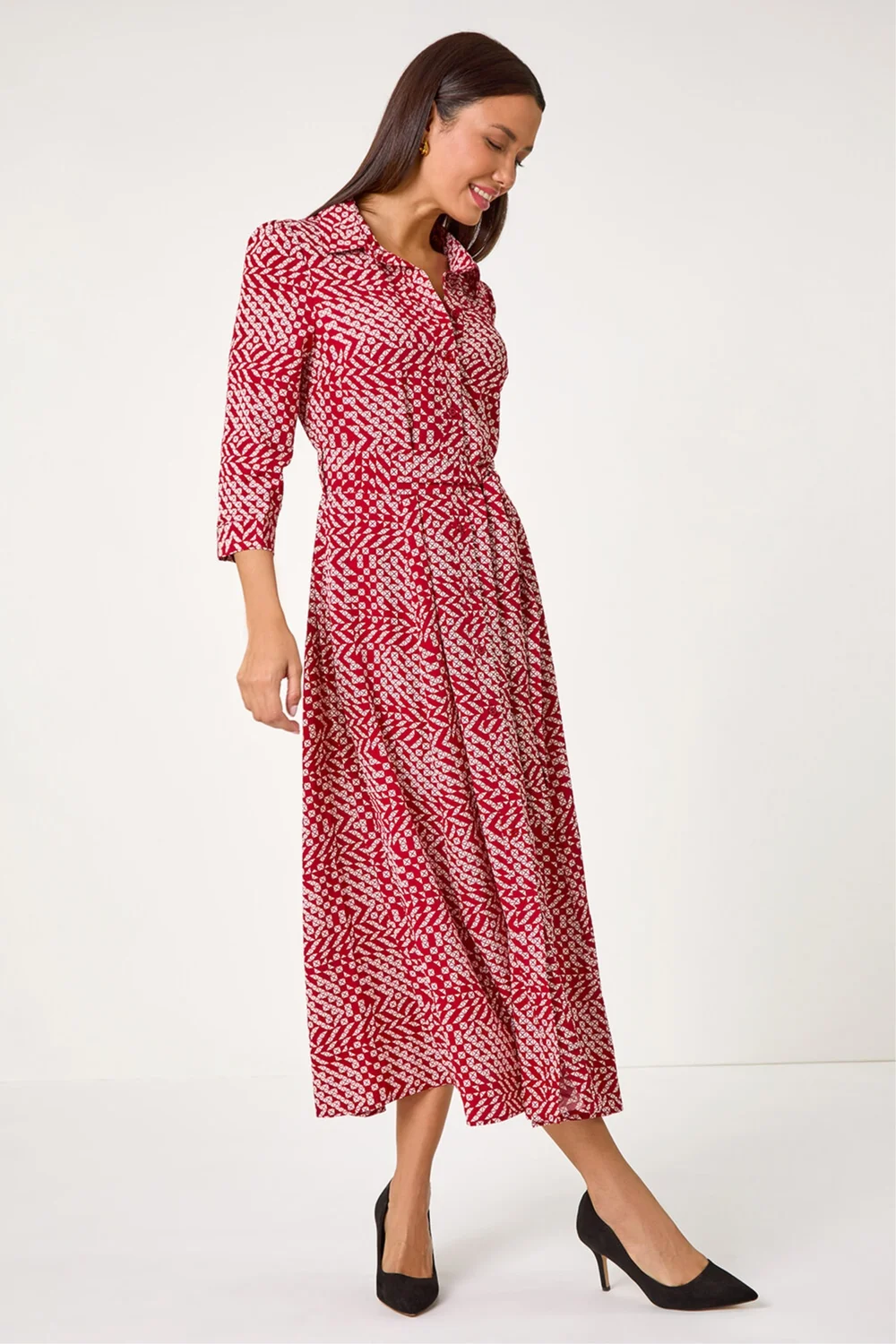 Roman Red Geometric Print Tie Waist Midi Shirt Dress - 16 Image 1